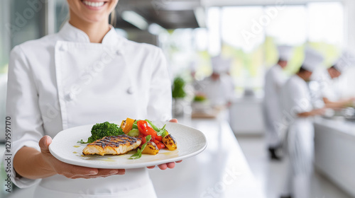Chef Presenting a Gourmet Grilled Fish Dish in a Professional Kitchen