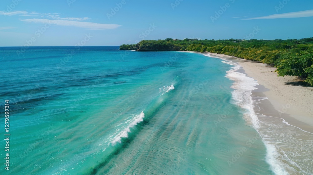 Drone shot of a beautiful tropical beach. The clear blue sea sparkles under the sun, waves gently rolling onto the sandy shore. A perfect scene Drone shot of a beautiful tropical beach. The clear blue sea sparkles under the sun, waves gently rolling onto the sandy shore. A perfect scene