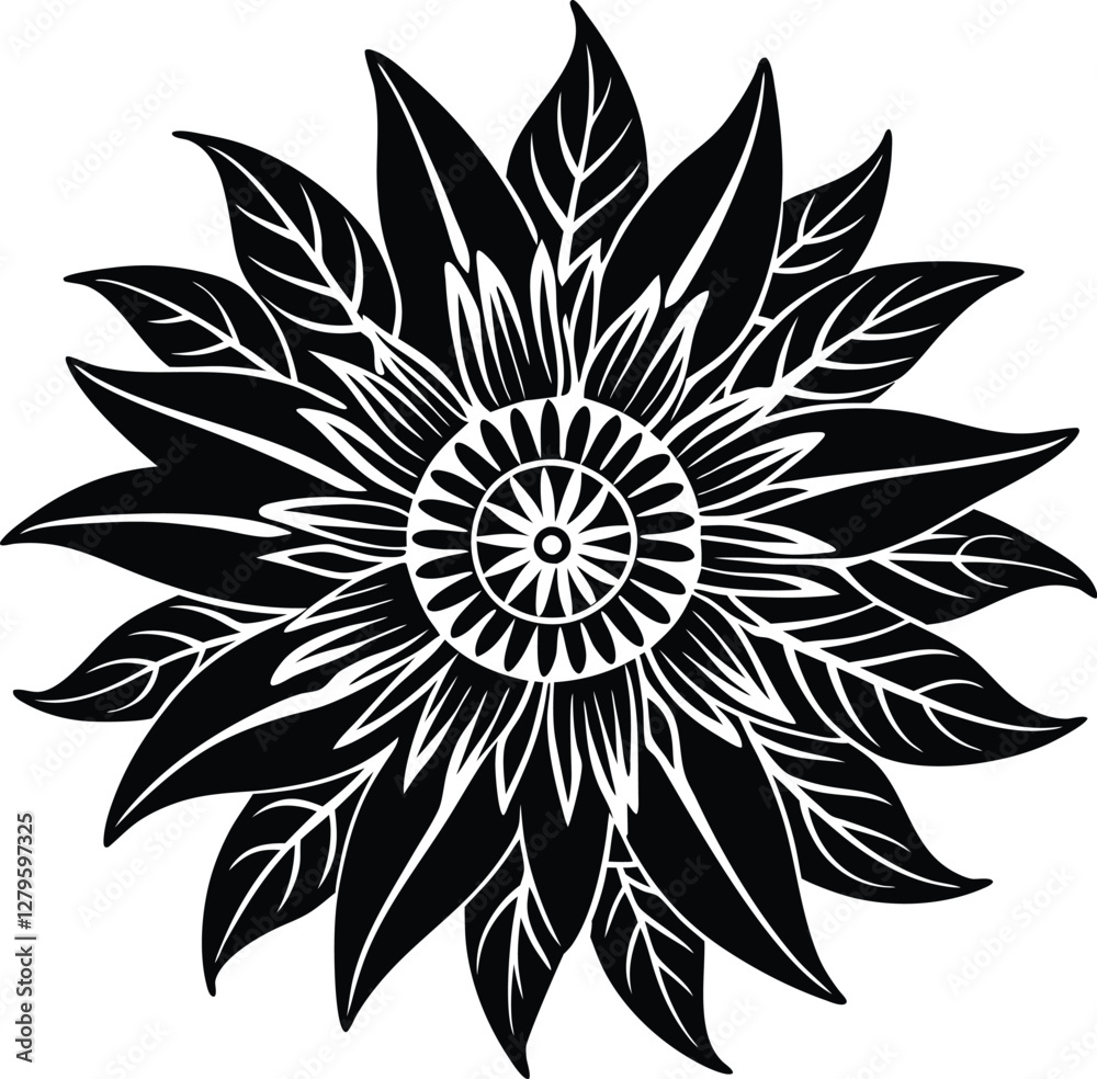 Fototapeta premium beautiful sunflower icon over white background, black and white design. vector illustration