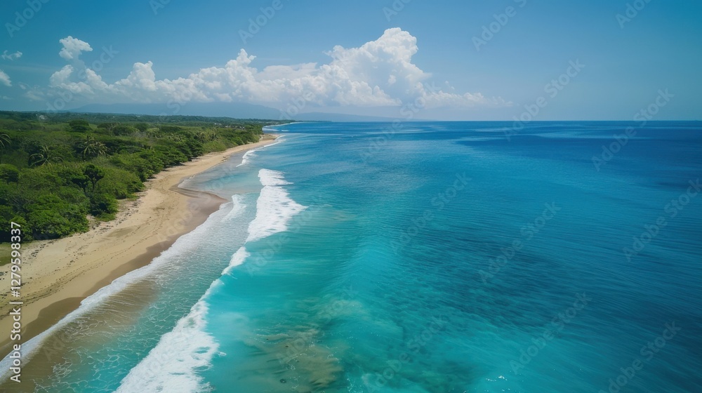 Drone shot of a beautiful tropical beach. The clear blue sea sparkles under the sun, waves gently rolling onto the sandy shore. A perfect scene Drone shot of a beautiful tropical beach. The clear blue sea sparkles under the sun, waves gently rolling onto the sandy shore. A perfect scene