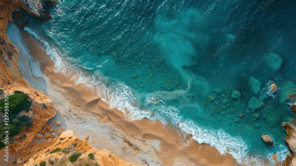 Obraz premium Drone shot of a beautiful tropical beach. The clear blue sea sparkles under the sun, waves gently rolling onto the sandy shore. A perfect scene