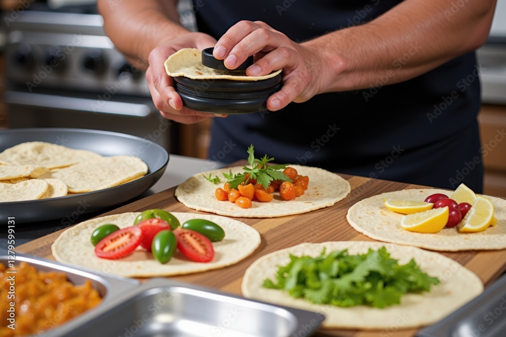 A Skilled Chef Preparing Fresh Tacos with Colorful Vegetables and Garnishes in a Modern Kitchen Setting, Emphasizing Attention to Detail and Culinary Expertise A Skilled Chef Preparing Fresh Tacos with Colorful Vegetables and Garnishes in a Modern Kitchen Setting, Emphasizing Attention to Detail and Culinary Expertise