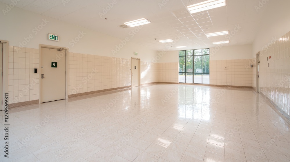 Empty school hallway with tiled walls and floor, large window, exit signs Empty school hallway with tiled walls and floor, large window, exit signs