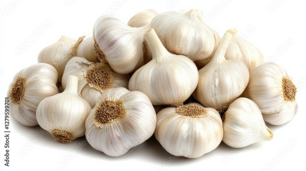 Fresh garlic bulbs piled together on a white background, showcasing their texture and color Fresh garlic bulbs piled together on a white background, showcasing their texture and color