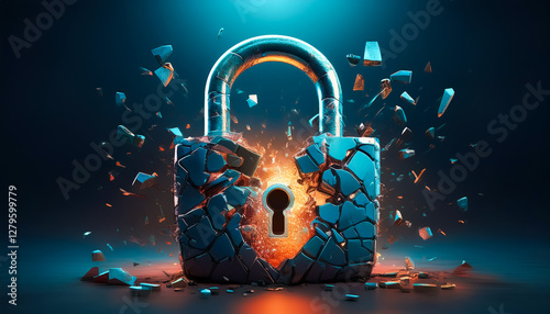 破壊された南京錠、ひび、解放、壊す、鍵穴、脱出、砕ける、飛び散る、イラスト、デザイン