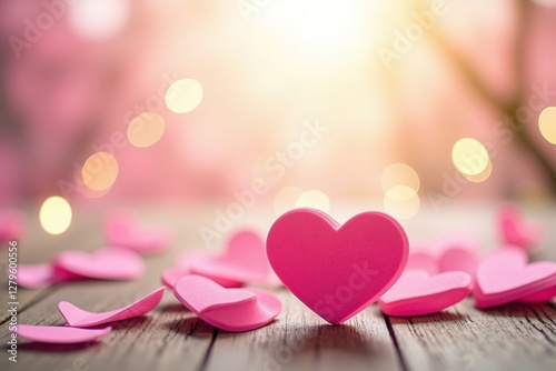 A Beautiful Scene of Pink Hearts on a Wooden Surface with a Warm Golden Light Background, Perfect for Celebrating Love and Affection in Romantic Moments