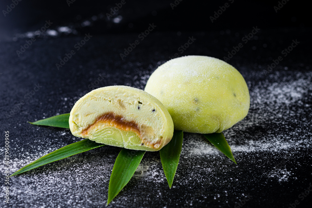 Mochi Green Japanese dessert on a black background
