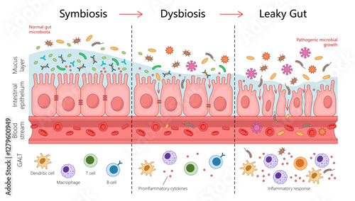 gut health progression from symbiosis to dysbiosis and leaky gut, showing microbiota changes, inflammation, and intestinal permeability diagram hand drawn vector illustration. Medical science