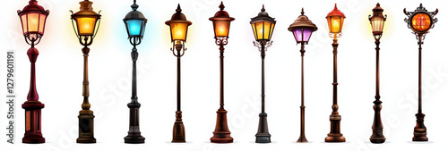 A vintage streetlamp with a set of painting brushes on a white background, showcasing a blend of antique metal and glass design in a city setting