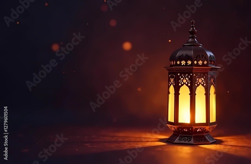 Golden crescent moon with traditional Arabic lanterns and star. Ramadan or Eid al-Fitr celebrations photo