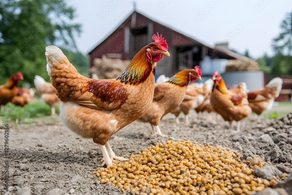 Fototapeta premium A flock of chickens gathers around a pile of feed near a rustic barn. The hen in the foreground displays its plumage and bright red comb.