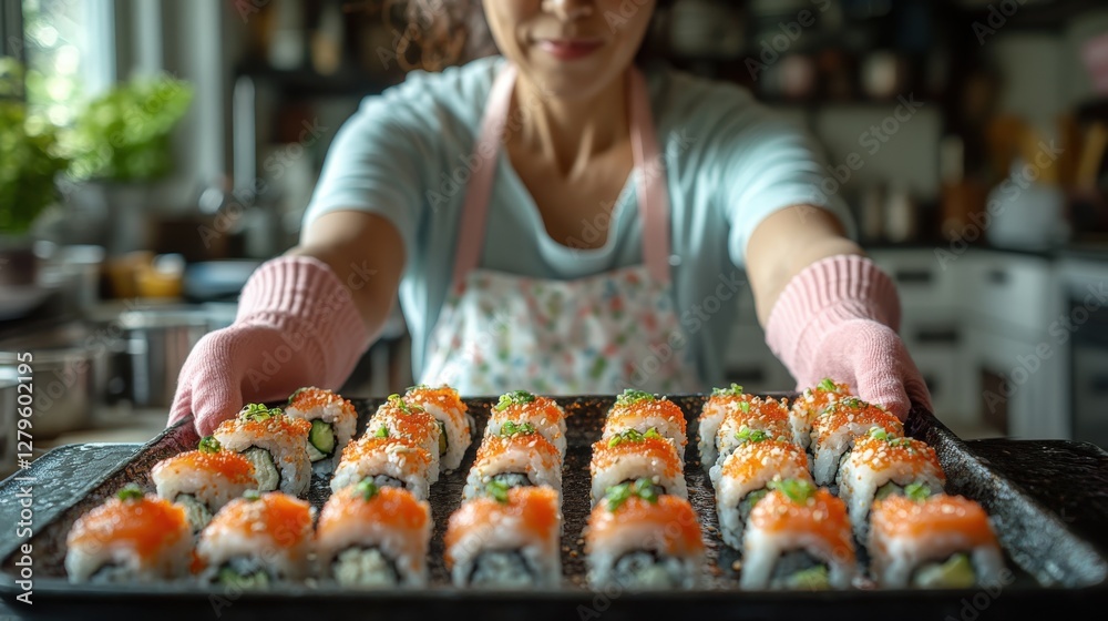 Naklejka premium Middle-aged Japanese woman prepares sushi rolls in a tidy kitchen setting