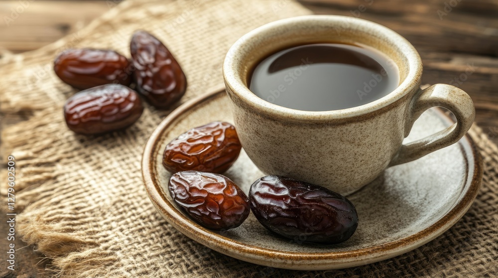 Cup of coffee and dry dates on saucer ready for Ramadan iftar, traditional Islamic meal, festive Ramadan breakfast Cup of coffee and dry dates on saucer ready for Ramadan iftar, traditional Islamic meal, festive Ramadan breakfast