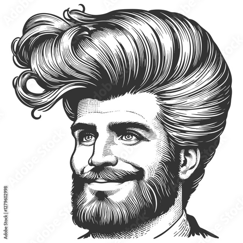 gentleman with an incredibly large, curly hairstyle, blending humor, surrealism, and vintage artistic style sketch engraving generative ai vector illustration. Scratch board. Black and white image.