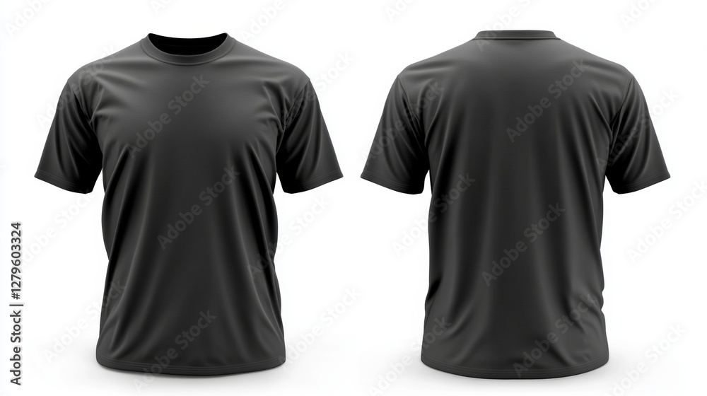A bright white background accentuates a sleek navy blue t-shirt mockup, featuring distinct front and back views A bright white background accentuates a sleek navy blue t-shirt mockup, featuring distinct front and back views