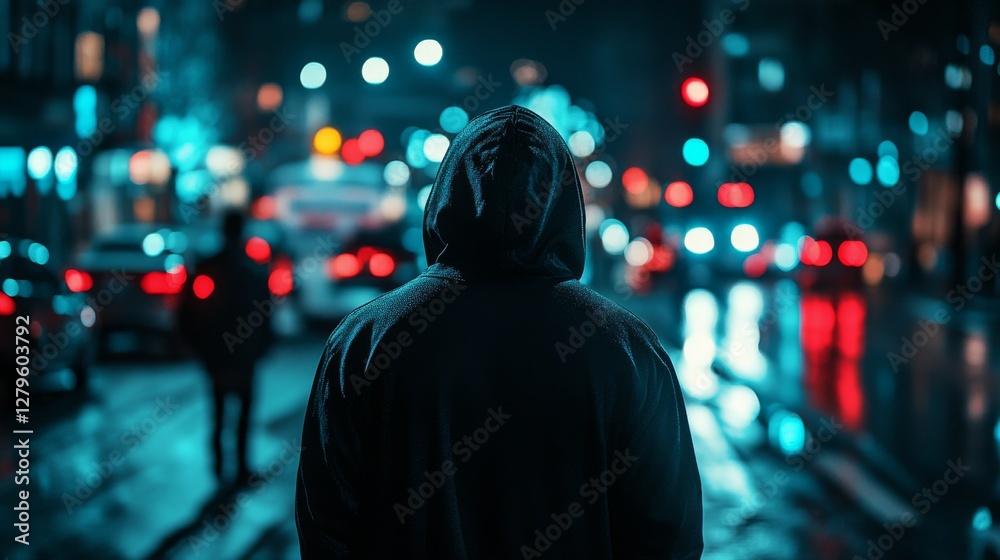 A hooded man is stalking a person at night, symbolizing crime, robbery, and assault A hooded man is stalking a person at night, symbolizing crime, robbery, and assault