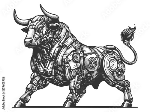 cybernetic bull with mechanical components, gears, and futuristic robotic details in steampunk style sketch engraving generative ai vector illustration. Scratch board imitation. Black and white image.
