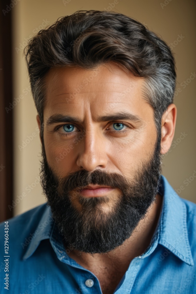 arafed man with a beard and blue shirt looking at the camera arafed man with a beard and blue shirt looking at the camera