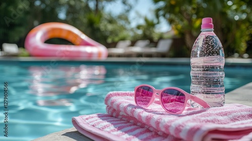 A basic 3D image showing a zoomed-out fake 3D pink and white striped swimming tube, a folded striped towel, pink weights, and a pink and white water bottle photo