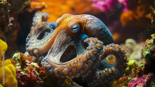 Fototapeta Naklejka Na Ścianę i Meble -  A shy octopus hiding in a coral reef