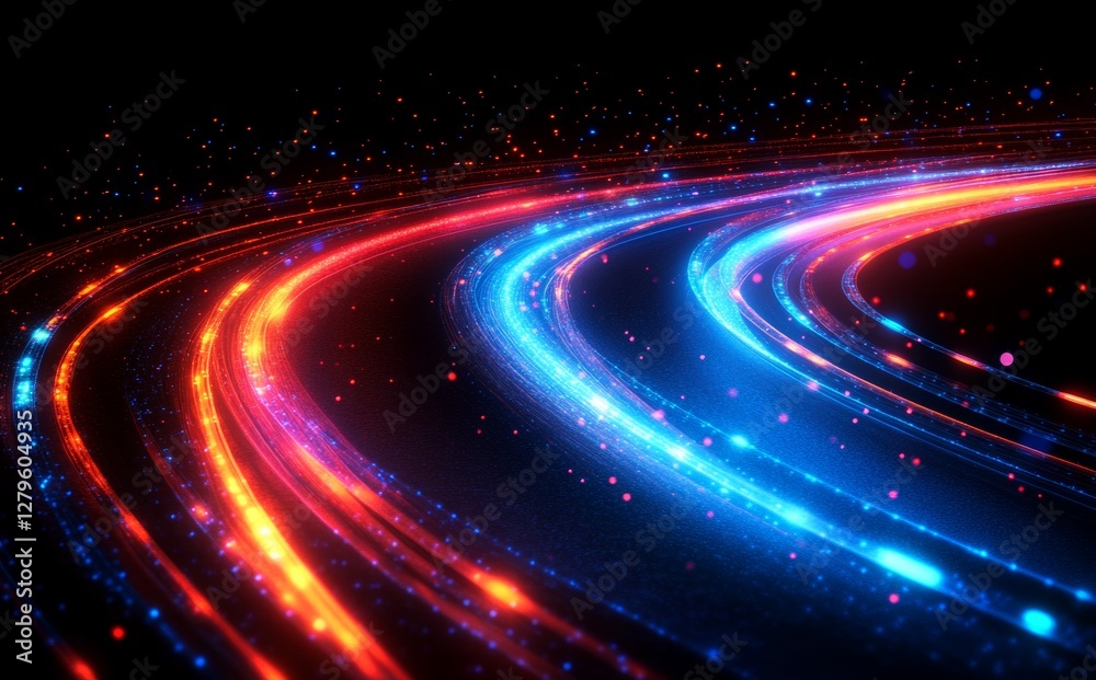 An artistic representation of blue and red light beams radiating outward from a central source An artistic representation of blue and red light beams radiating outward from a central source