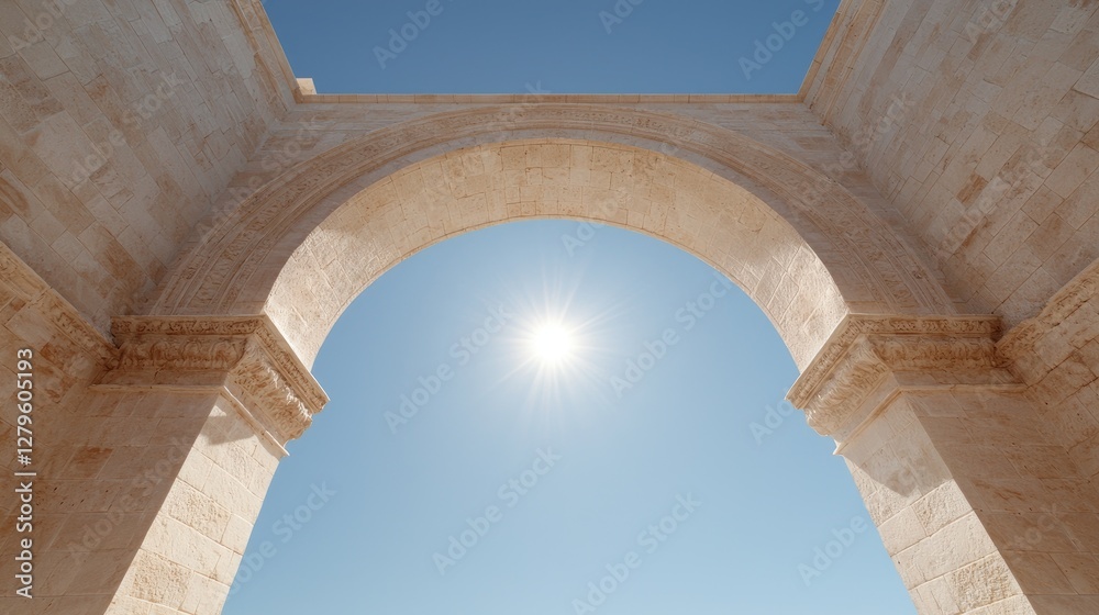 Obraz premium Sun shining through stone archway, clear sky. Architectural background, travel photography