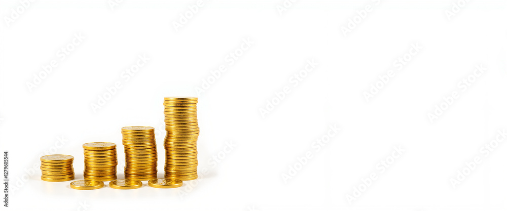Stacks of golden coins arranged in ascending order symbolizing wealth and prosperity on a clean, bright background Stacks of golden coins arranged in ascending order symbolizing wealth and prosperity on a clean, bright background