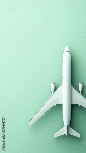 A top view of a white airplane model on a mint green background, symbolizing air travel, transportation, aviation industry, and flight in a minimalist concept. photo