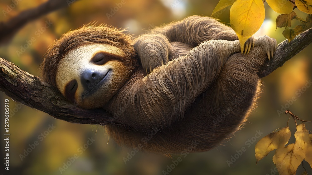 Fototapeta premium A sloth hanging on a branch and sleeping