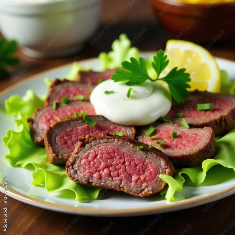 Sliced steak served on a bed of shredded lettuce and sour cream sauce, garnished with parsley, comforting, dinner Sliced steak served on a bed of shredded lettuce and sour cream sauce, garnished with parsley, comforting, dinner
