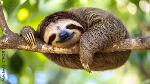 A sloth hanging on a branch and sleeping