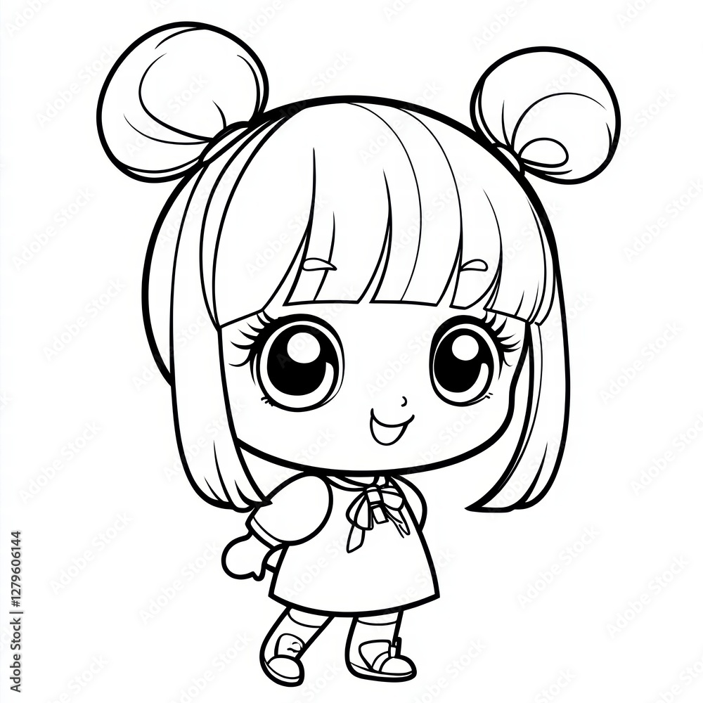 Obraz premium Adorable Anime Girl: A cute anime-style girl with large eyes, twin buns, and a cheerful expression. Perfect for coloring pages, children's books, or digital art projects.