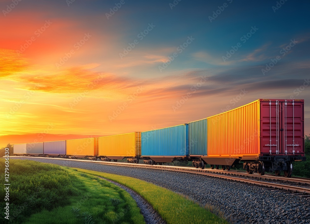 Fototapeta premium As the sun sets, two freight trains hauling colorful containers converge on adjacent railroad tracks, crafting a vivid scene of global trade and transit