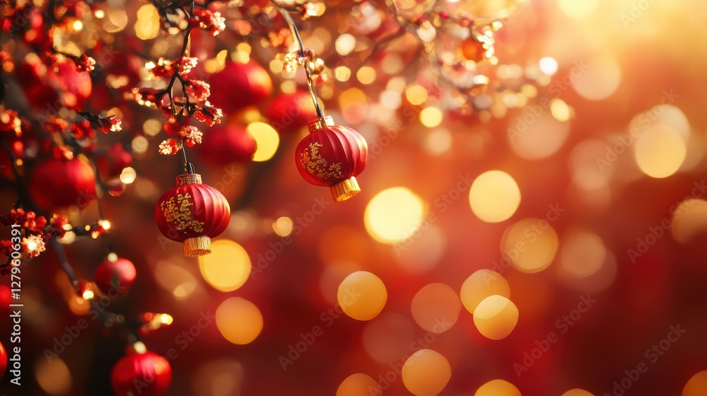 Festive Lanterns: Captivating scene of vibrant red lanterns hanging amidst delicate branches, bathed in a warm, inviting light. Festive Lanterns: Captivating scene of vibrant red lanterns hanging amidst delicate branches, bathed in a warm, inviting light.