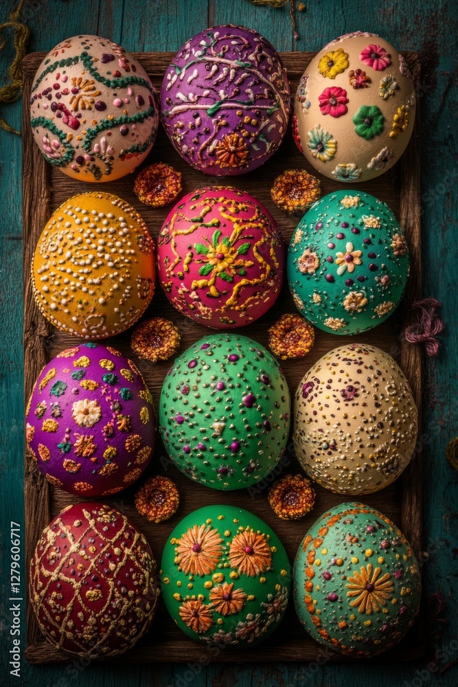 Beautiful multi-colored Easter eggs, designed and hand-painted, for the festival holiday, on a blue wooden plank background