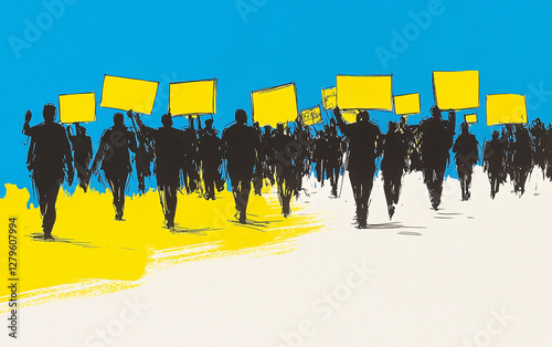 Minimalist illustration of a protest march with silhouetted figures holding placards, activism, social movement, political demonstration, public rally, abstract street artwork photo
