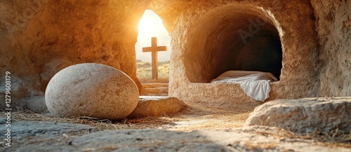 Crucifixion and Resurrection. The empty tomb of Jesus set against a backdrop of crosses. An Easter or Resurrection theme. He has risen. Happy Easter