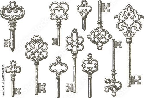 A collection of vintage antique keys in various shapes and designs
