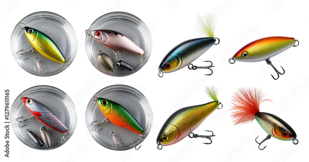Naklejka premium Colorful Fishing Lures Collection for Freshwater and Saltwater Angling, isolated on transparent background