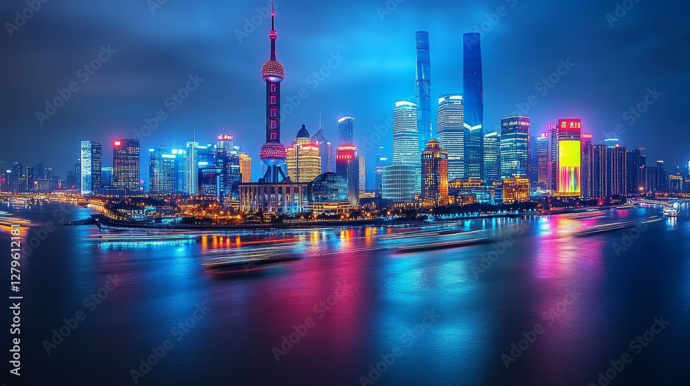 Fototapeta premium An advanced city skyline showcasing autonomous cars and light trails
