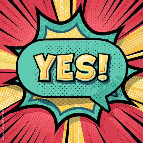 Vibrant comic book style speech bubble with energetic expression "yes!" in pop art design, posters and dynamic social media post communications
