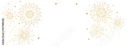 Fireworks explosions with stars and sparklers. Vector border with golden fireworks, holiday banner, poster, flyer, greeting card.