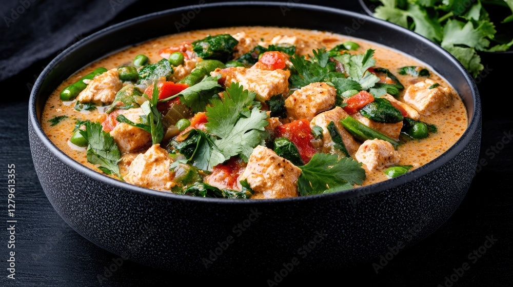 Chicken curry in bowl on dark wood table; delicious, healthy, ready to eat Chicken curry in bowl on dark wood table; delicious, healthy, ready to eat