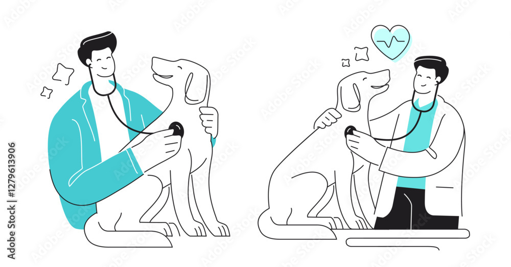 Veterinarian examines dog with stethoscope. Veterinary clinic for treatment of pets, animal care