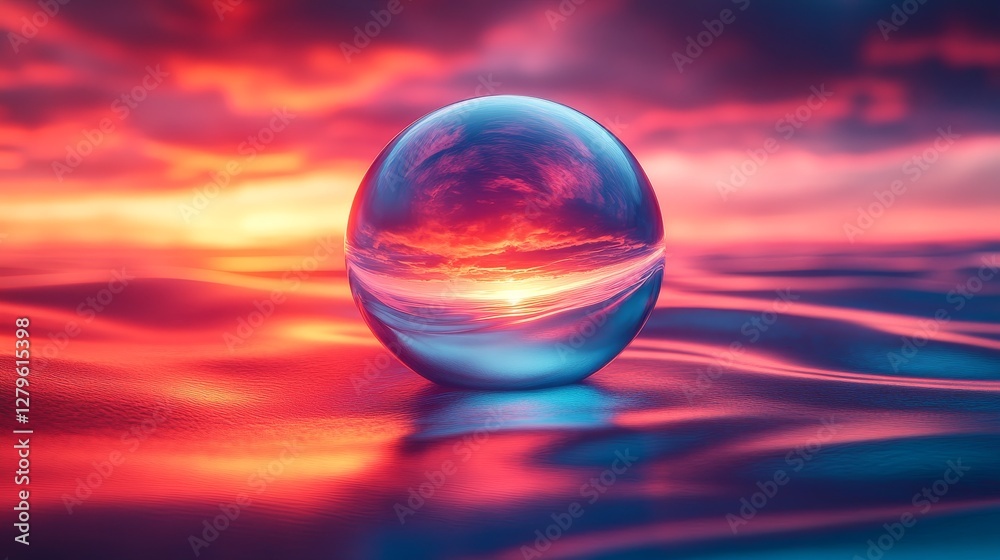 A large, clear, and colorful ball is floating on the surface of a body of water A large, clear, and colorful ball is floating on the surface of a body of water