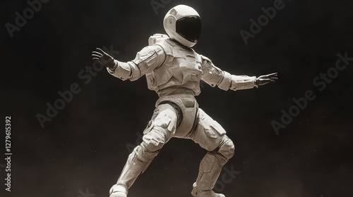 A man in a white spacesuit is standing on a rocky surface