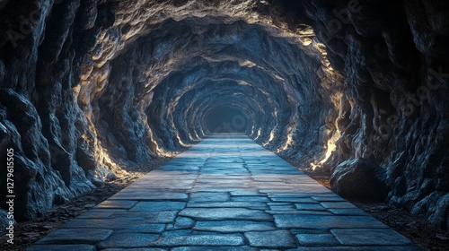 A dark tunnel with a blue stone floor