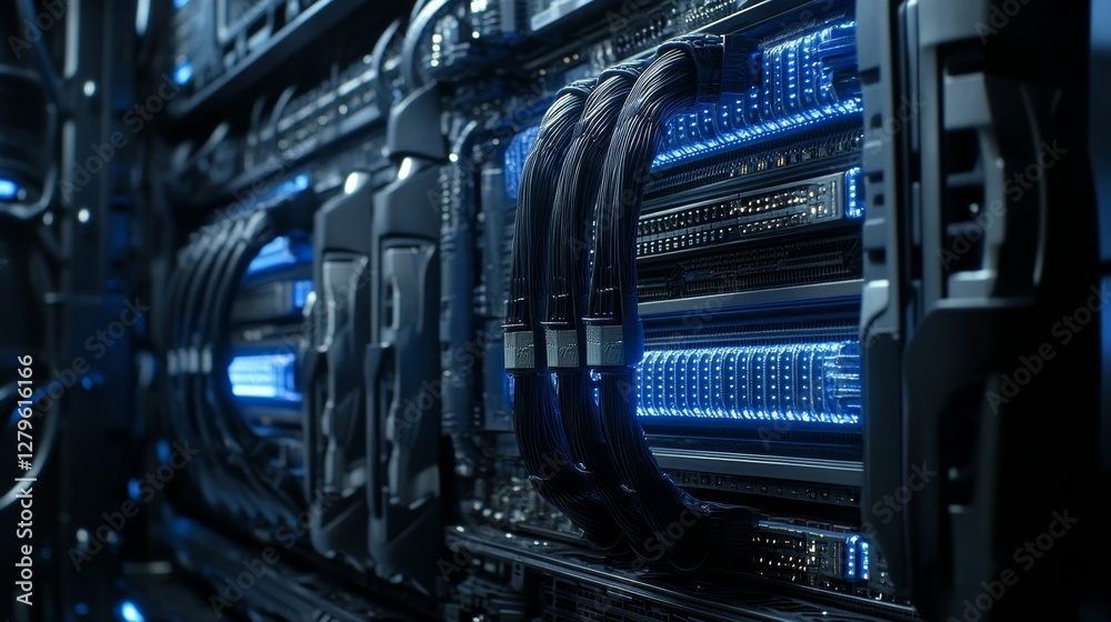 In a company working on a quantum computer, a network background is created by the internet cables and wires in a server room connected to a switch In a company working on a quantum computer, a network background is created by the internet cables and wires in a server room connected to a switch
