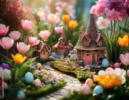 An enchanted Easter garden setup with a miniature fairy village among blooming tulips and peonies.
