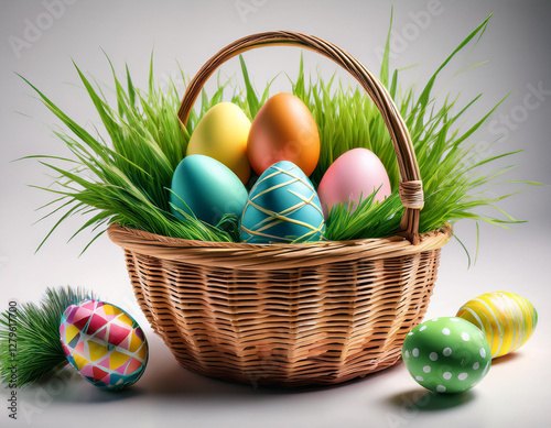 Handcrafted Easter basket filled with green grass and a variety of brightly colored eggs.